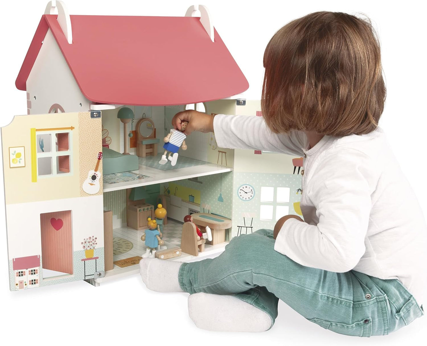 Janod - Mijn eerste houten poppenhuis - 10 accessoires - Poppenmeubels - Magnetische deuren en afneembaar dak - FSC-gecertificeerd houten speelgoed - Vanaf 3 jaar
