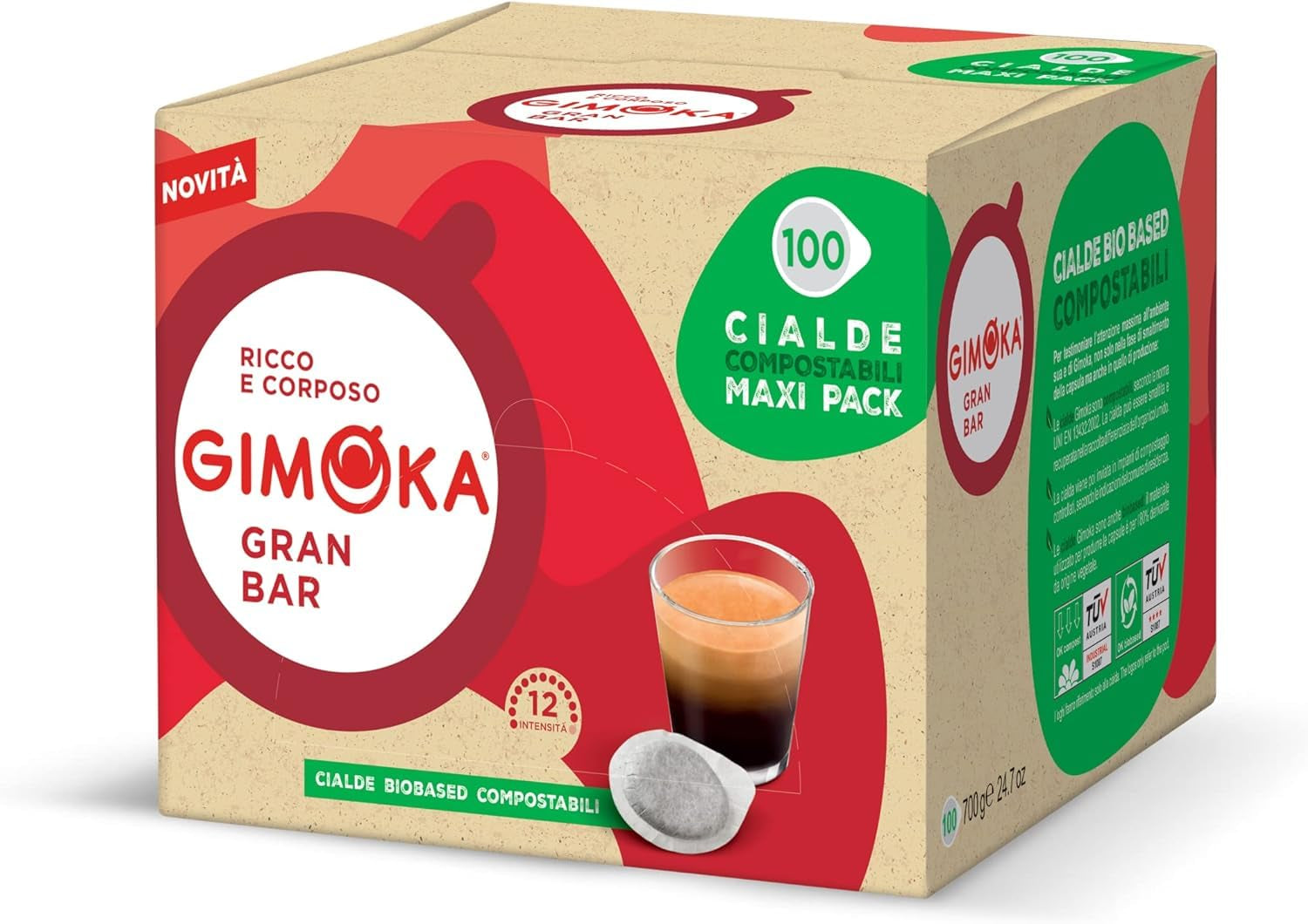 Gimoka Kompostierbare Kaffeepads, Gran Bar Intenso Kaffeemischung, Intensität 12-100 Pads - Compatibel met ESE Systeem Papierblokken 44 mm