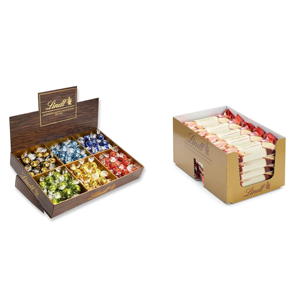 Lindor Chocolade Toppresentatie | 1718 g en chocoladerepen met marsepein | 25 repen x 50 g in toonbankdisplay | 1250 gram | Pure marsepein omhuld met pure chocolade | Chocoladerepen