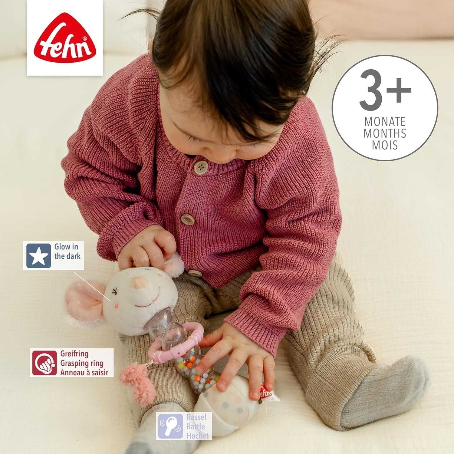 Fehn Rainmaker muis - motorisch speeltje met bel om vast te pakken en geluidjes te maken - belstok stimuleert op speelse wijze zintuigen en motoriek - voor baby's en peuters vanaf 0+ maanden Babyspeelgoed Naty Shop