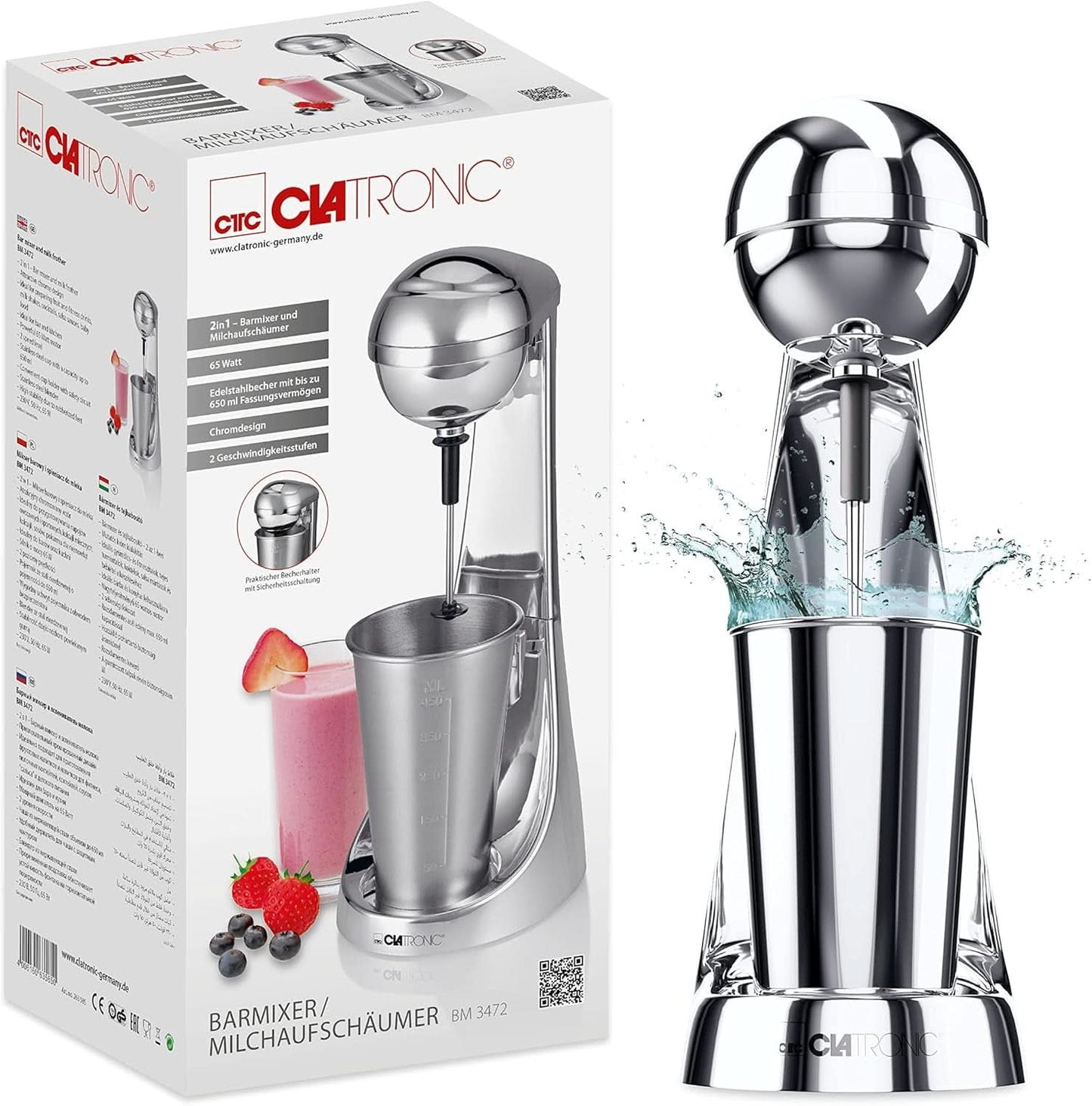 Clatronic® Barmixer U. Milchaufschäumer | Smoothiemaker | 650 ml Edelstahlbehälter | Praktischer Becherhalter | Menger | 2 Geschwindigkeitsstufen | Kraftvoller 65 Watt Motor | Chroomdesgin | BM 3472 Keuken Naty Shop