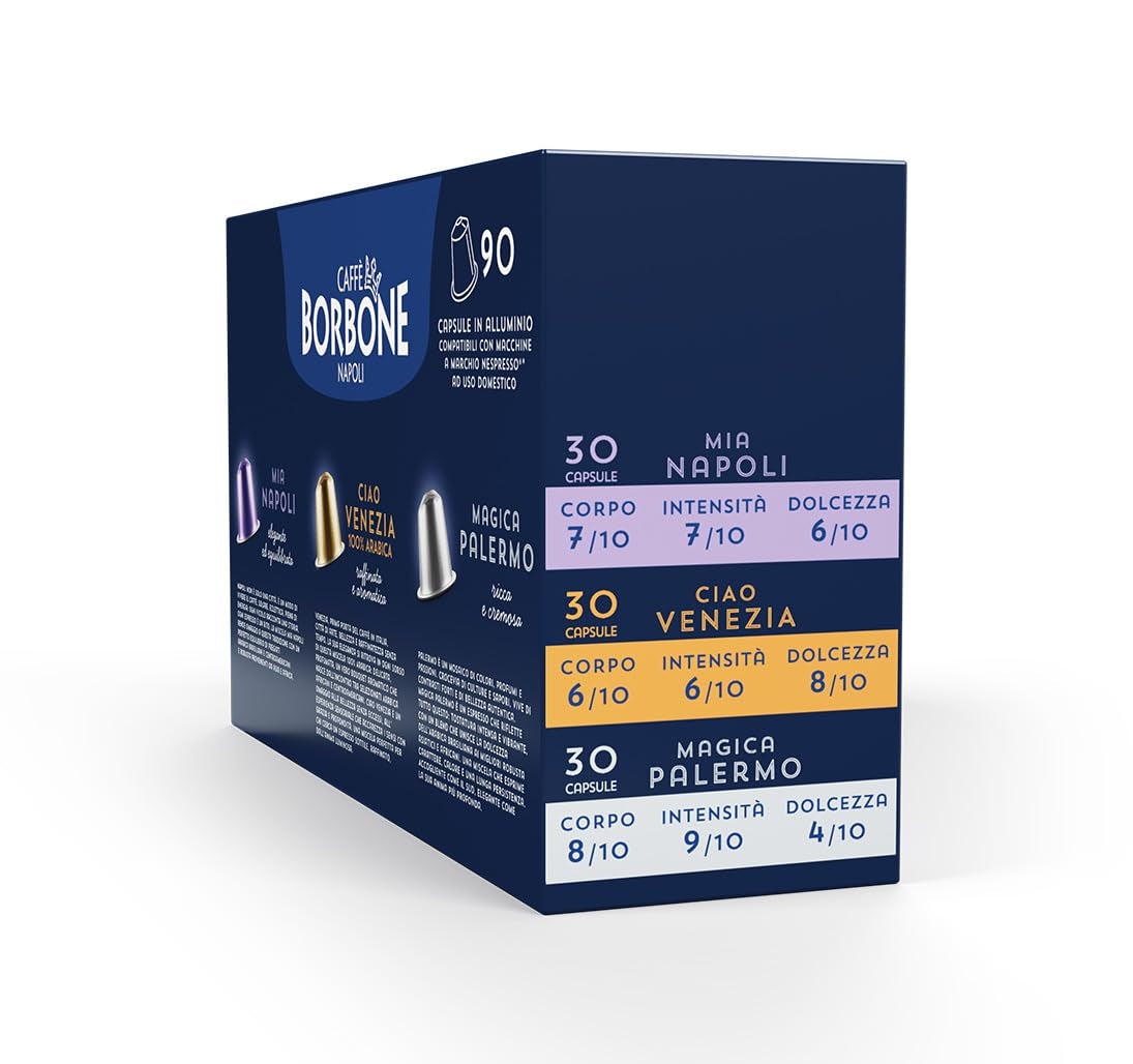 Caffè Borbone Verkostung Kit, 90 aluminium capsules: 30 Mia Napoli, 30 Ciao Venezia, 30 Magica Palermo, (3 x 30 Stück) – Compatibel met Kaffeemaschinen für den Hausgebrauch van het merk Nespresso®*