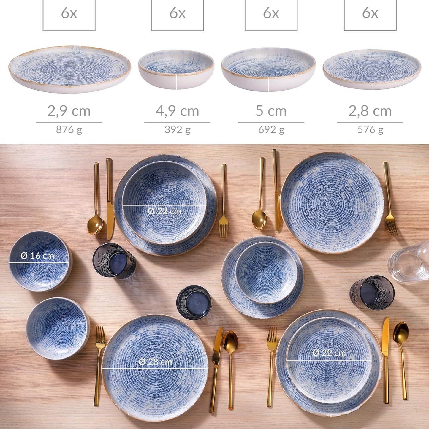 Azuurblauwe vintage steengoed serviesset voor 6 - 24 stuks - witte en blauwe strepen, reliëfoppervlak - vaatwasser-, oven- en magnetronbestendig