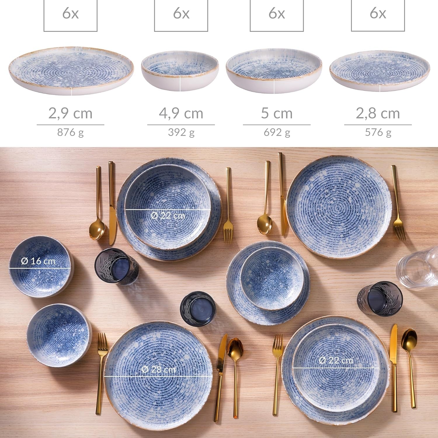 Azuurblauwe vintage steengoed serviesset voor 6 - 24 stuks - witte en blauwe strepen, reliëfoppervlak - vaatwasser-, oven- en magnetronbestendig
