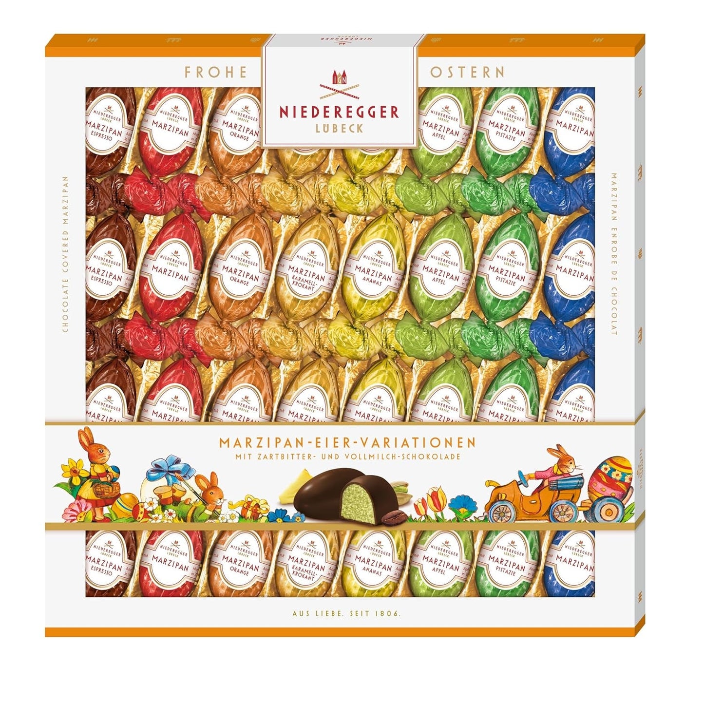 Niederegger | Marsepeinen eieren | 1 x 400 g | Varianten: Klassiek, Melkchocolade, Sinaasappel, Caramel Crunch, Ananas, Appel, Espresso en Pistache | Omhuld met pure en melkchocolade | Paascadeau