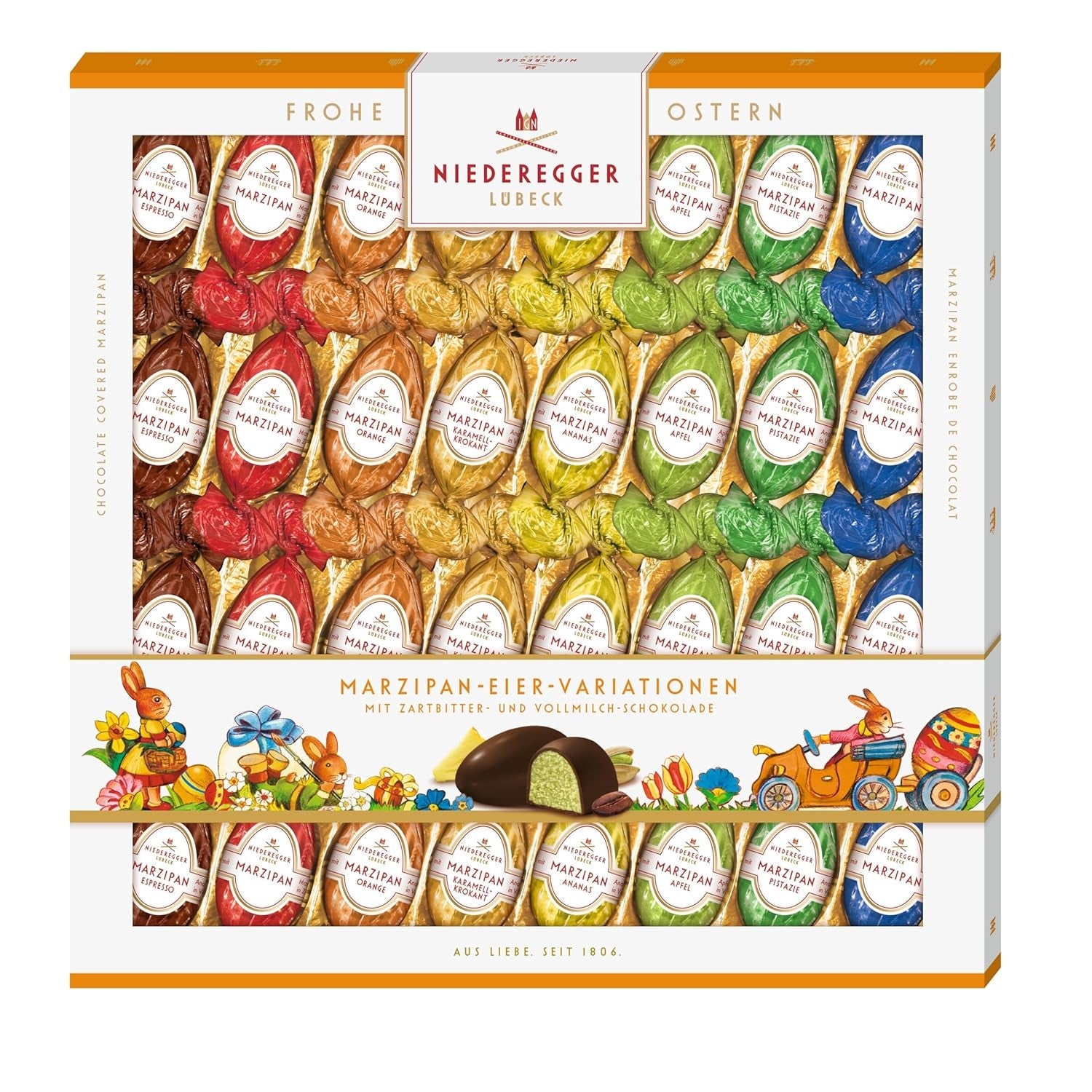 Niederegger | Marsepeinen eieren | 1 x 400 g | Varianten: Klassiek, Melkchocolade, Sinaasappel, Caramel Crunch, Ananas, Appel, Espresso en Pistache | Omhuld met pure en melkchocolade | Paascadeau