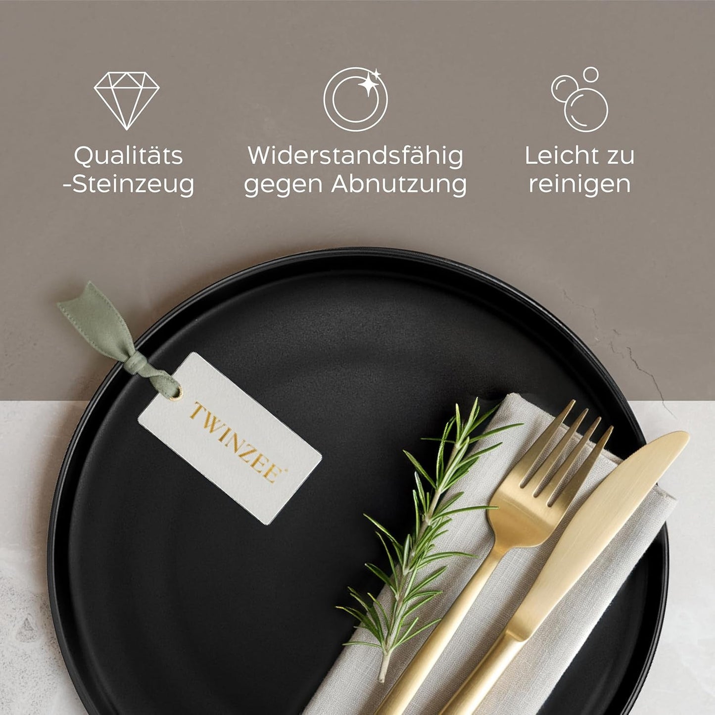 Steengoed bordenset voor 6 personen - Matzwarte 6-delige set Grote magnetronbestendige borden Elegant ontwerp - Twinzee Ebony Collection