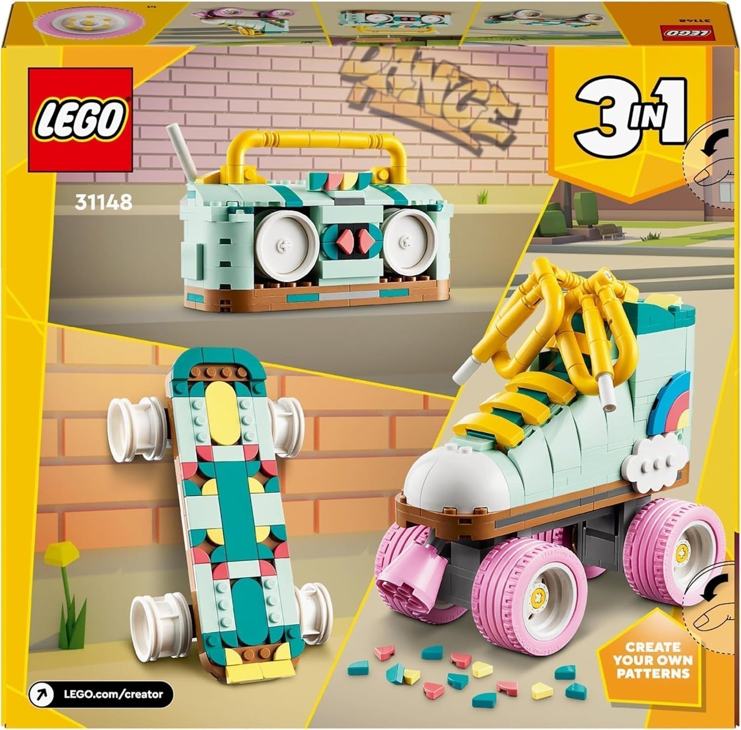 LEGO Creator 3In1 rolschaatsspeelgoed voor meisjes en jongens met miniskateboard en boombox, retro slaapkamerdecoratie, verjaardagscadeau voor 8 jaar oud 31148 Bouwsets