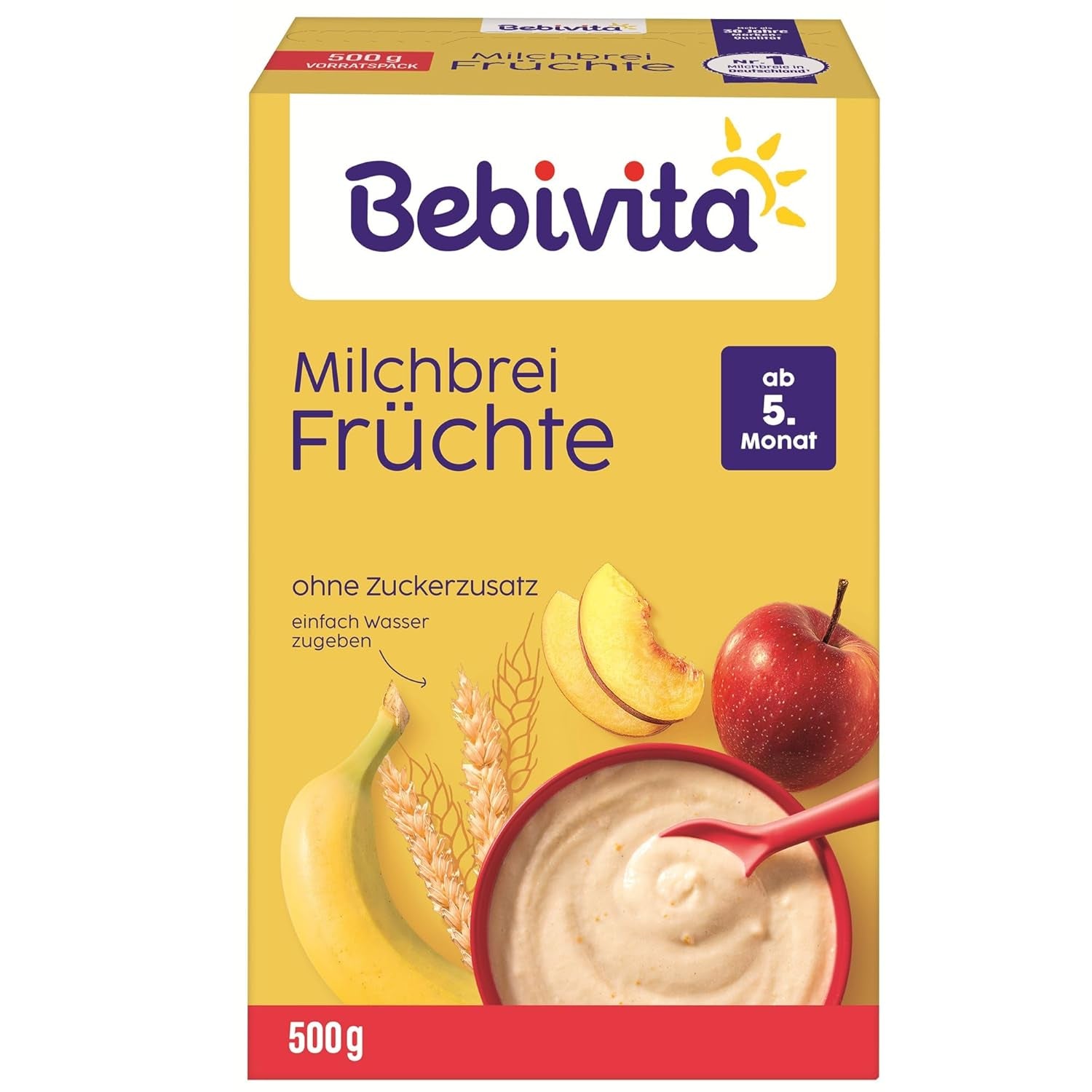 Melkpap met fruit (4x500g), vanaf 5 maanden, zonder toegevoegde suiker, met waardevolle mineralen en vitaminen, zeer vullend