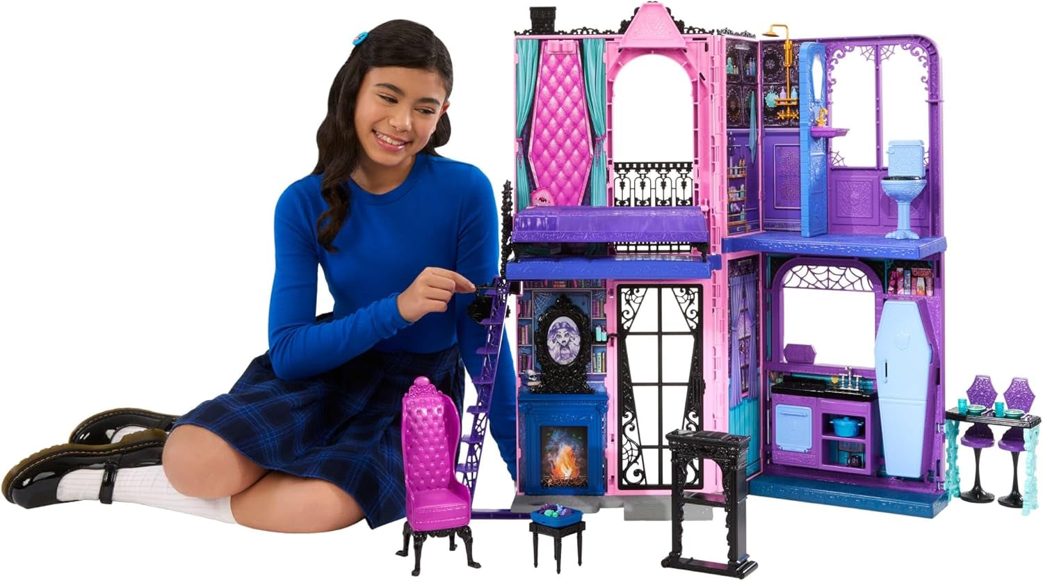 Monster High Buh-tique Hotel Poppenhuis, opvouwbare speelset met enge verrassingen in elke kamer en 13+ speelsets, inclusief meubels en accessoires, JBF16