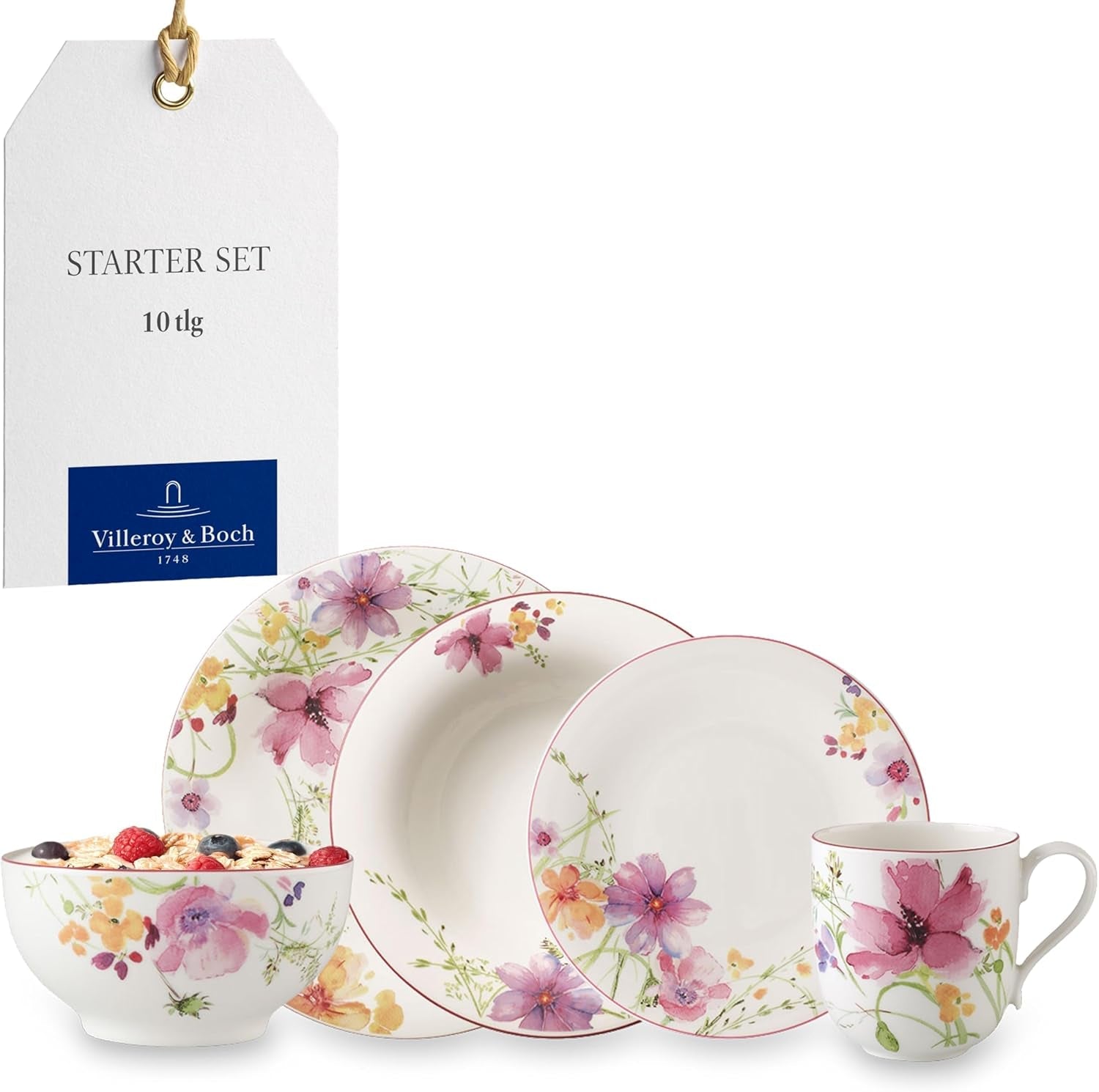 Villeroy & Boch Mariefleur Starterset, Diverse Kleuren, Vaatwasmachinebestendig, Magnetronbestendig, Serviesset voor 2 personen, Bloemenserviesset, Serviesgoed, Combinatieset, Premium Porselein