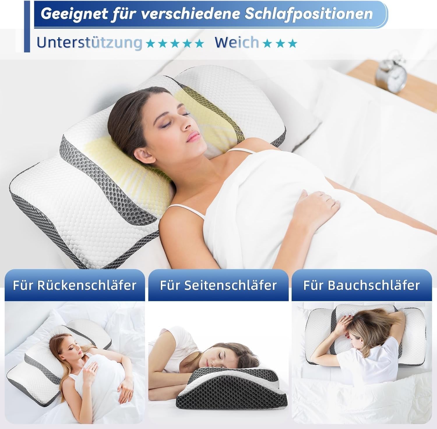 Orthopedisch kussen, ergonomisch nekkussen, hoofdkussen, origineel traagschuimkussen voor zijkanten, rug- en maagondersteuning, neksteunkussen voor mannen, vrouwen (67,3 x 38,2 x 13,8/3 cm) Cervicale orthopedische kussens Naty Shop