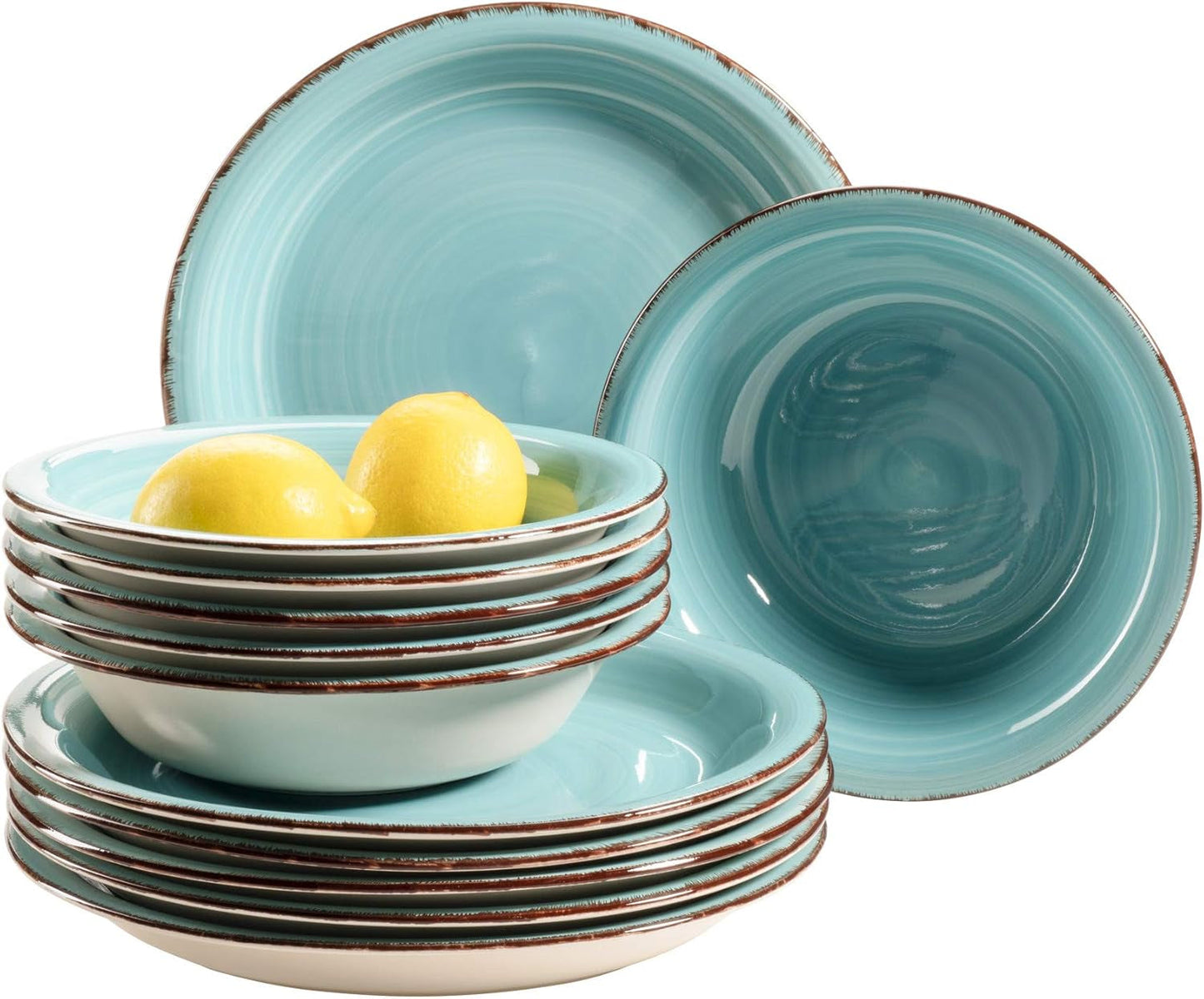 MÄSER Bel Tempo II Teller-Set voor 6 Personen im moderne Vintage Look, 12-teiliges Tafelservice, handbemalt, Türkis, Steingut, 27 centimeter