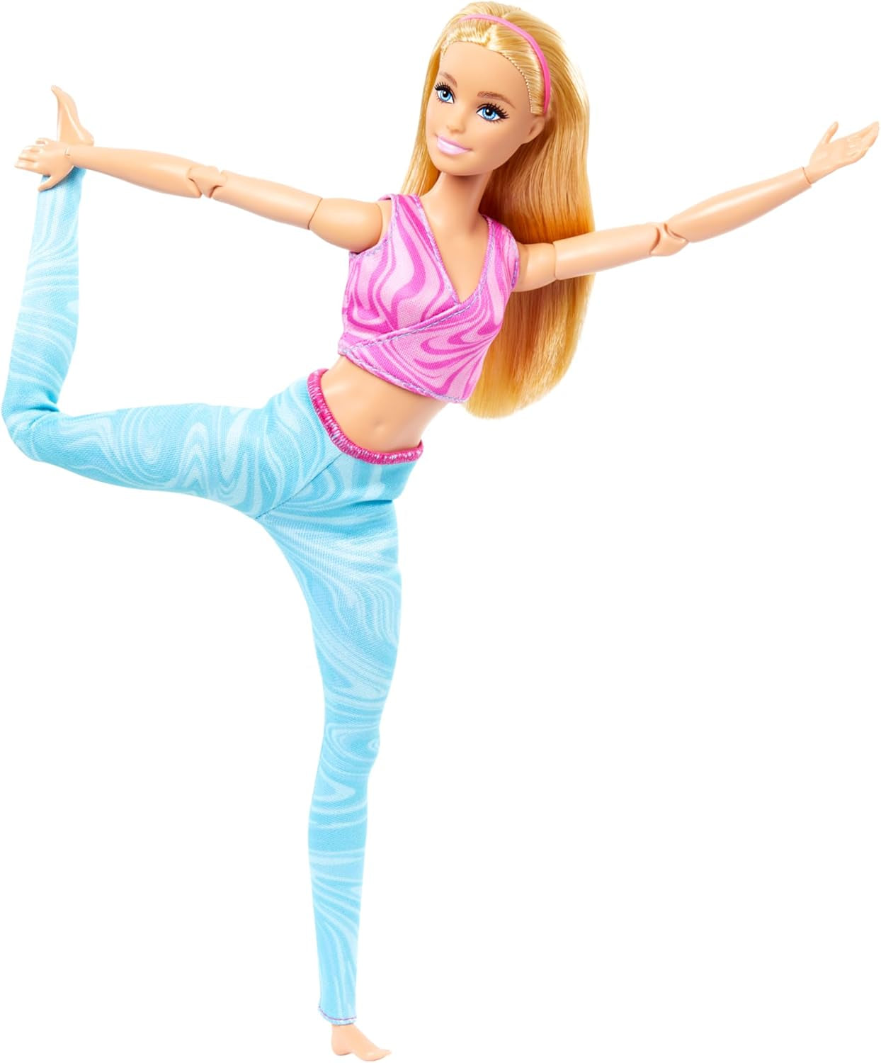 Barbie Made-to-Move pop met blond haar, afneembaar roze sporttopje en blauwe yogabroek, 22 gewrichten, HRH27, [Multicolor]