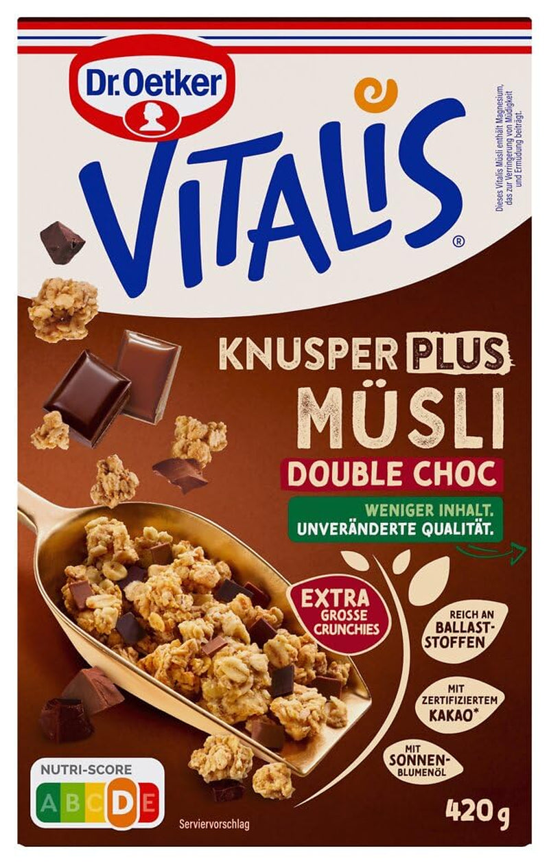 Dr. Oetker Vitalis KnusperPlus Dubbele Chocolade: Krokante muesli met melk- en pure chocolade, pakje van 7 (7 x 450g)