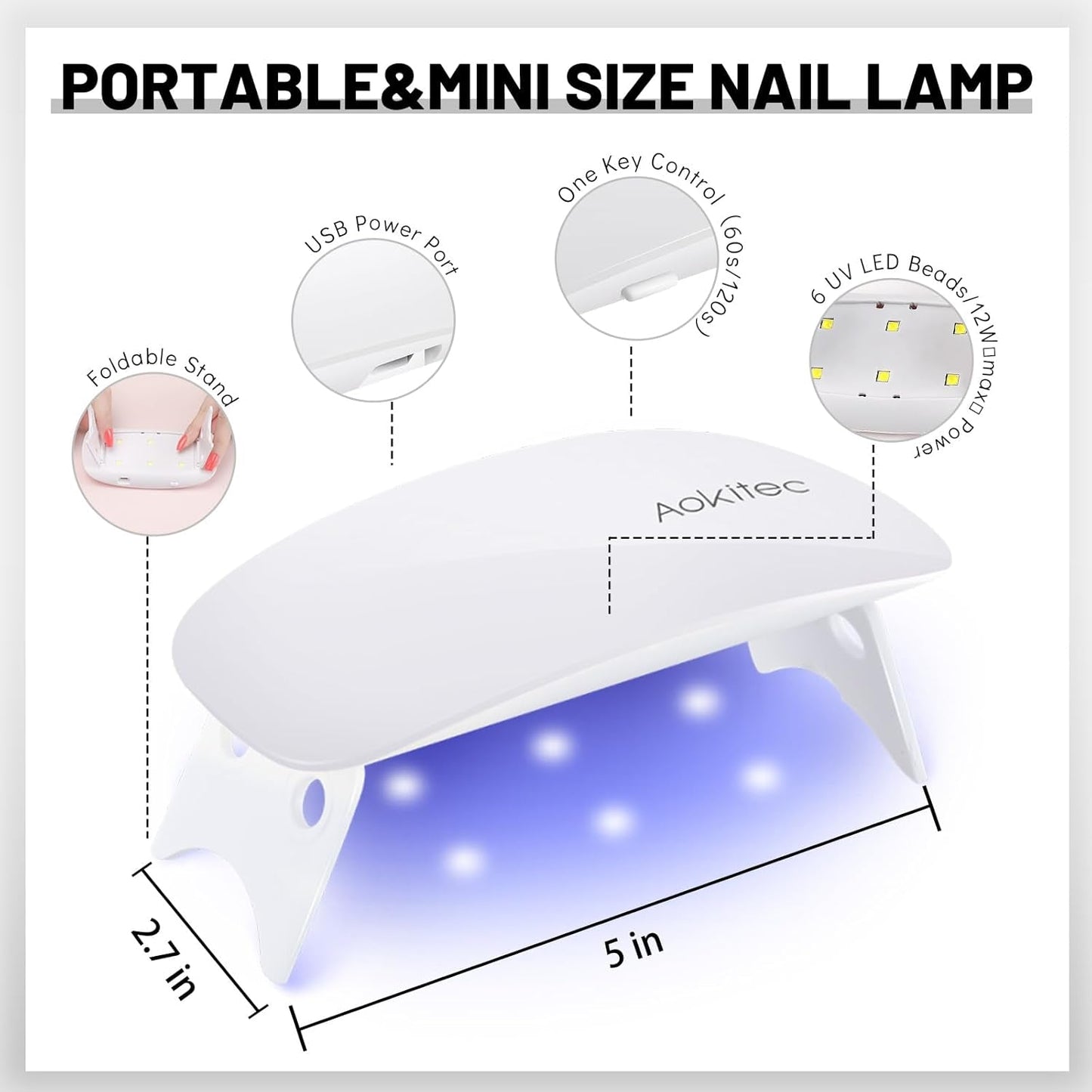 Aokitec Mini LED UV-lamp, UV-gelnagellamp, draagbare nageldroger voor alle soorten gelnagellak, uithardingstool in muisvorm, compact, lichtgewicht met USB-kabel (wit)