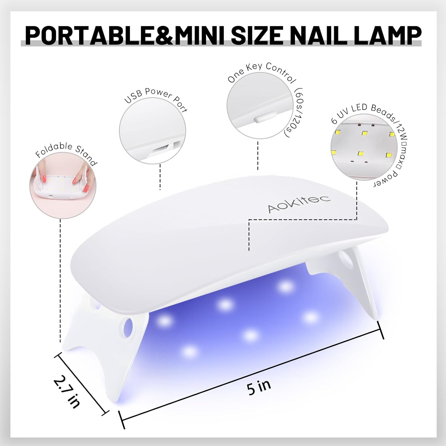 Aokitec Mini LED UV-lamp, UV-gelnagellamp, draagbare nageldroger voor alle soorten gelnagellak, uithardingstool in muisvorm, compact, lichtgewicht met USB-kabel (wit)