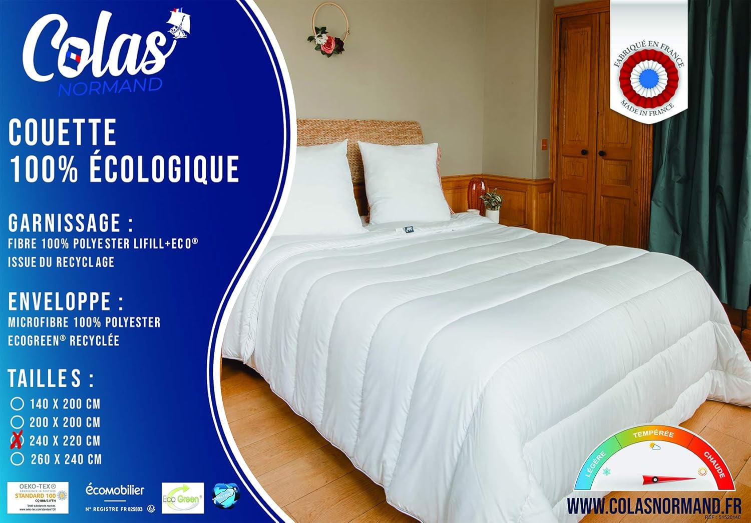 COLAS NORMAND - Eco-vriendelijke quilt - warm - 240 X 220 Cm - envelop en vulling van gerecyclede flessen - zacht, zijdeachtig en comfortabel - zorgvuldige productie Quilts en quilts Naty Shop