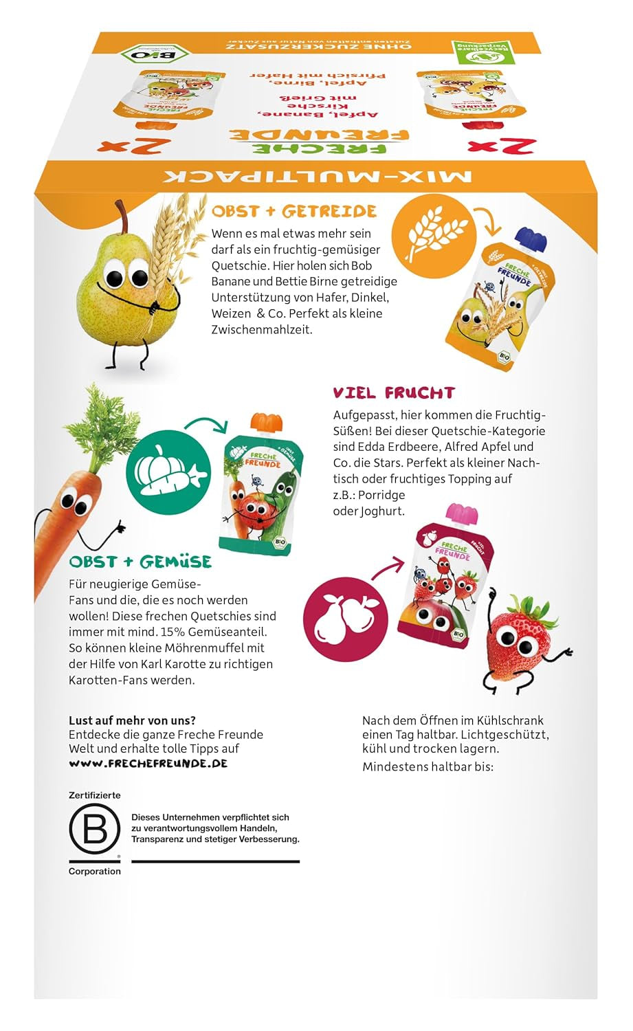 FRECHE FREUNDE Biologische mix in knijpzak met meerdere verpakkingen - fruit + granen, fruitpuree met granen in knijpzak voor baby's vanaf 6 maanden, veganistisch, verpakking van 3, 3 x (4 x 100 g)