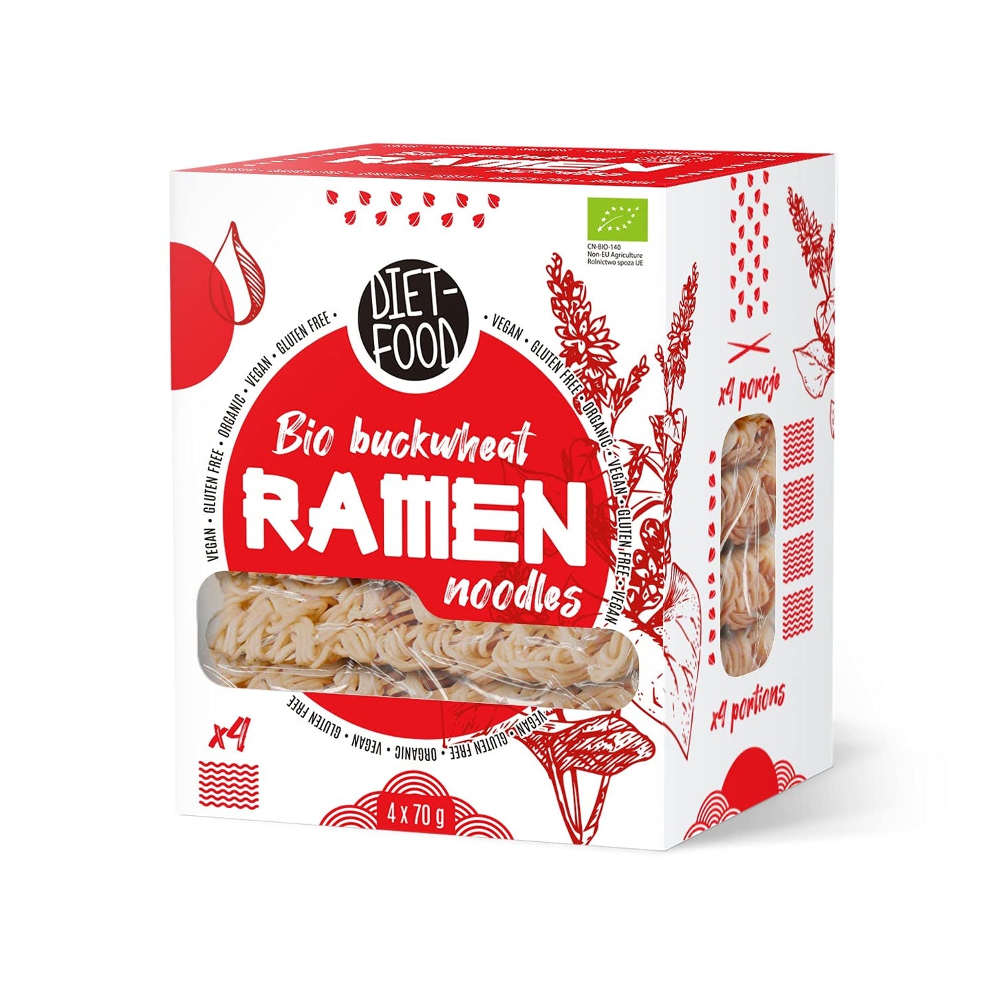 DIET-FOOD Biologische boekweit-ramen-noedels, vegetarisch en veganistisch eten, vetvrij, soja-vrij, glutenvrij, wateroplosbare dieetnoedels, caloriearm, 280g