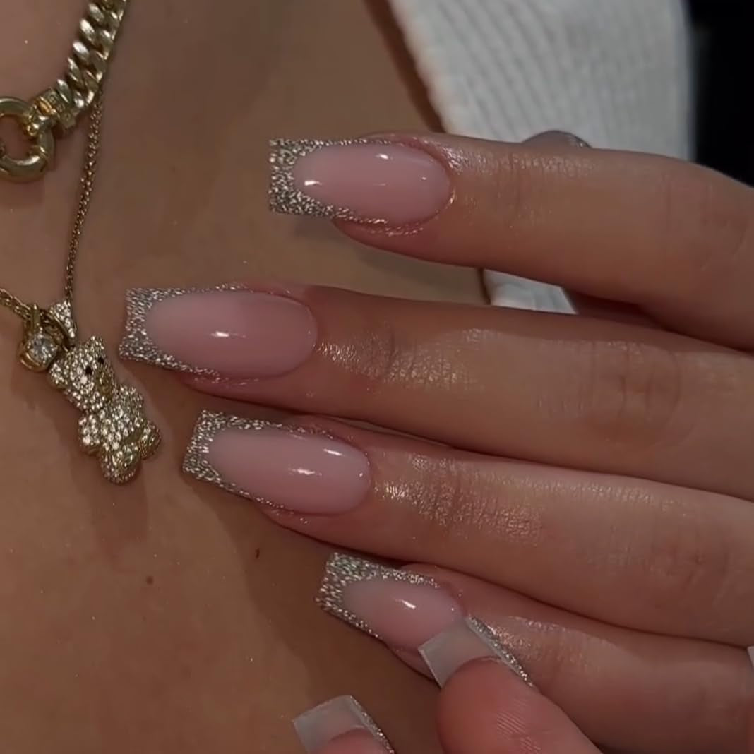 Lange Franse tips Gouden glitterlijm op lange vierkante nagels Glitter Franse tip Kunstnagels Set Vierkante kunstnagels voor dames 24 stuks