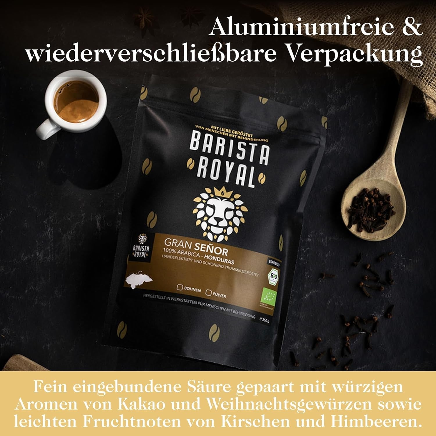 BARISTA ROYAL Bio Espressobohnen 1kg "Gran Señor" | Verse Kaffeebohnen rechtstreeks uit Honduras | 100% Arabica Espressoganze Bohnen | Ideaal voor volautomatische en Siebträger