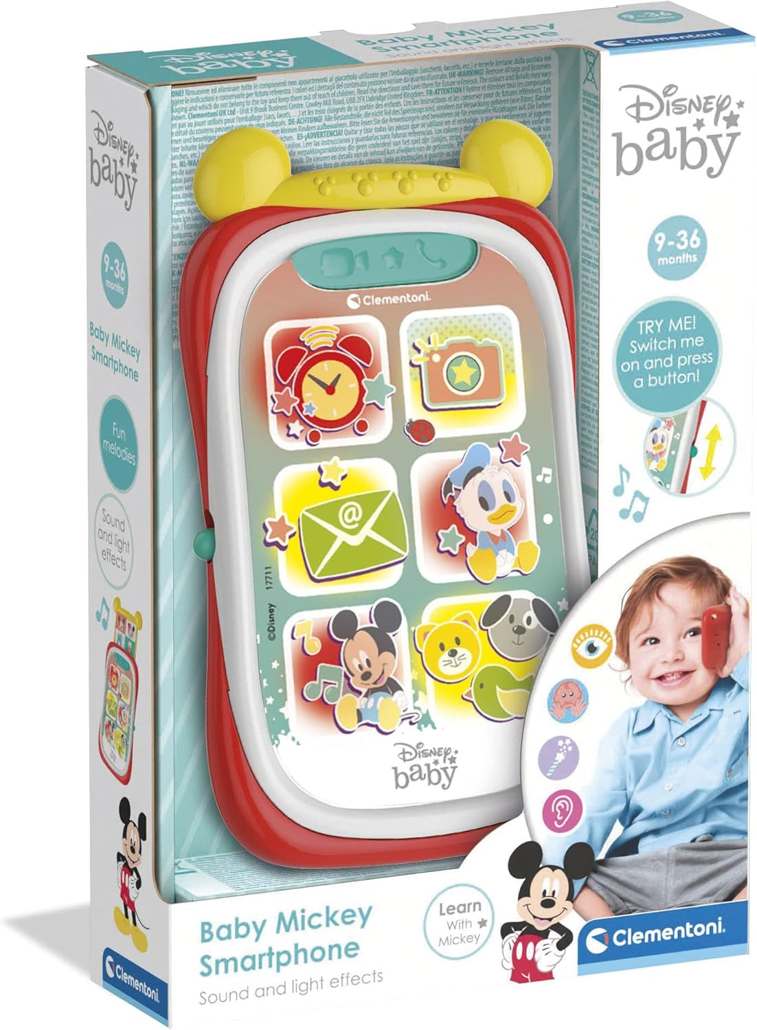 Clementoni 17711 Disney Baby Baby Mickey Smartphone, mobiele telefoon voor kinderen met licht- en geluidseffecten, interactief speelgoed voor kinderen van 9-36 maanden, M, veelkleurig Bebe Toys Naty Shop