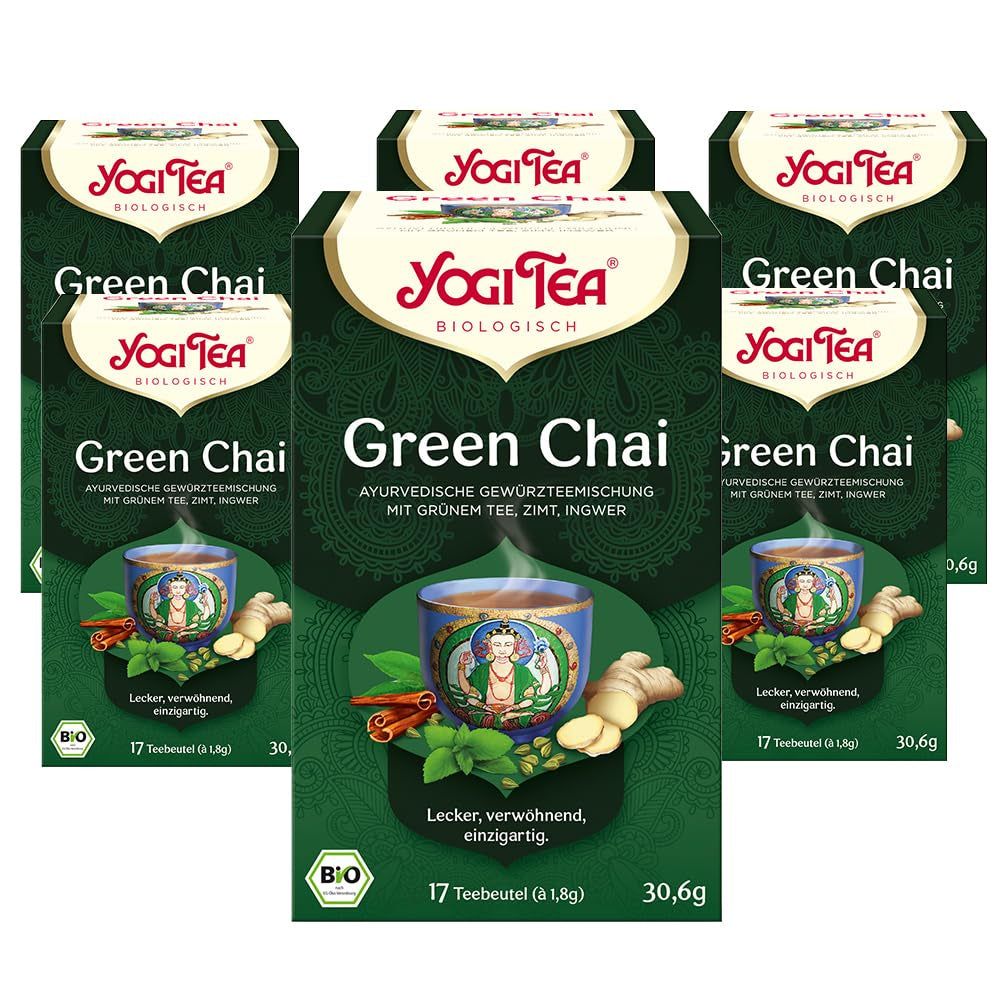 Yogi Tea Green Chai, biologische ayurvedische gekruide thee, mix van kaneel, munt, groene thee, gember, kardemom en kruidnagel, 6X17 theezakjes (102 theezakjes totaal)