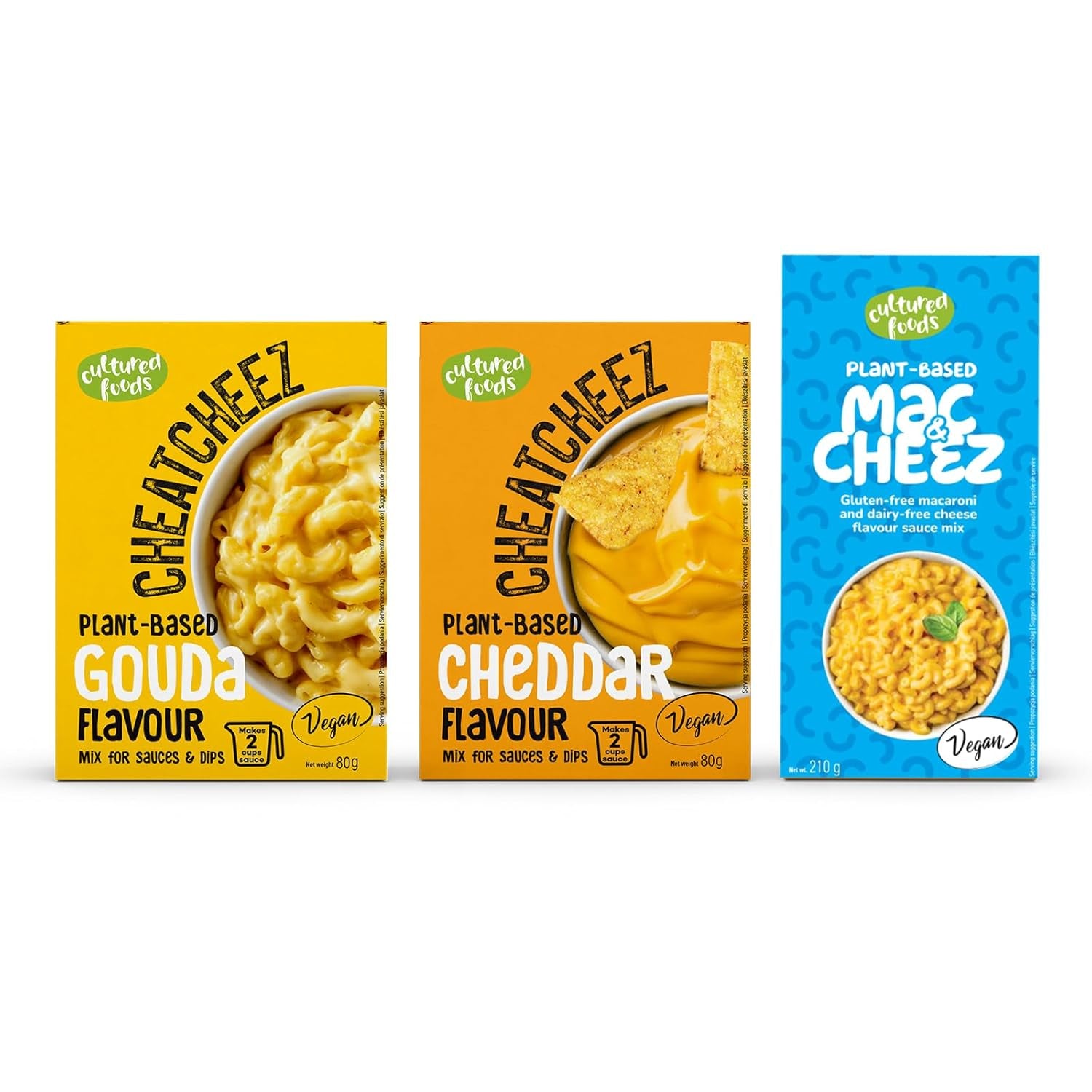 Gekweekte voedingsmiddelen Veganistische 3-delige set Veganistische Mac en Kaas, Goudse saus, Cheddarsaus, Laktosefrei Glutenfrei MAC & CHEEZ CHEATCHEEZ