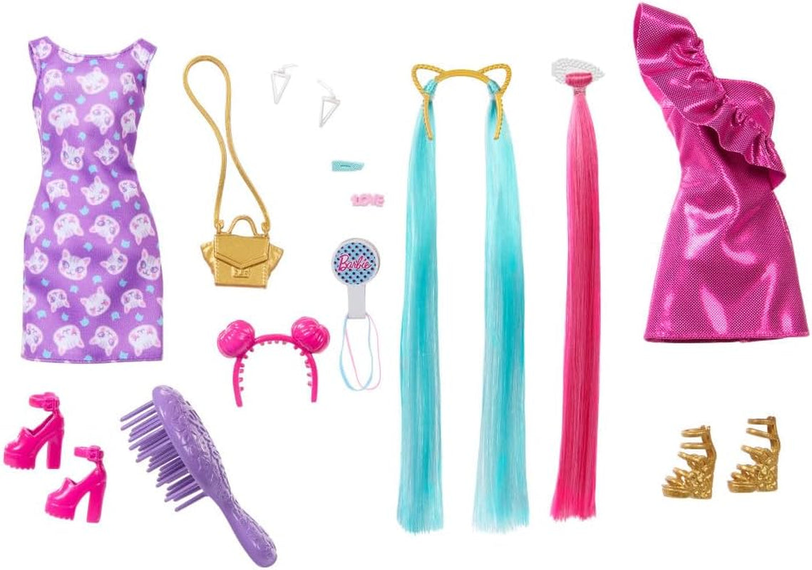 Barbie Totally Hair - Pop met gemakkelijk te stylen, extra lang regenbooghaar en 10 mode- en stylingaccessoires, jurk met stippen in kleurblokken, voor kinderen vanaf 3 jaar, HKT96
