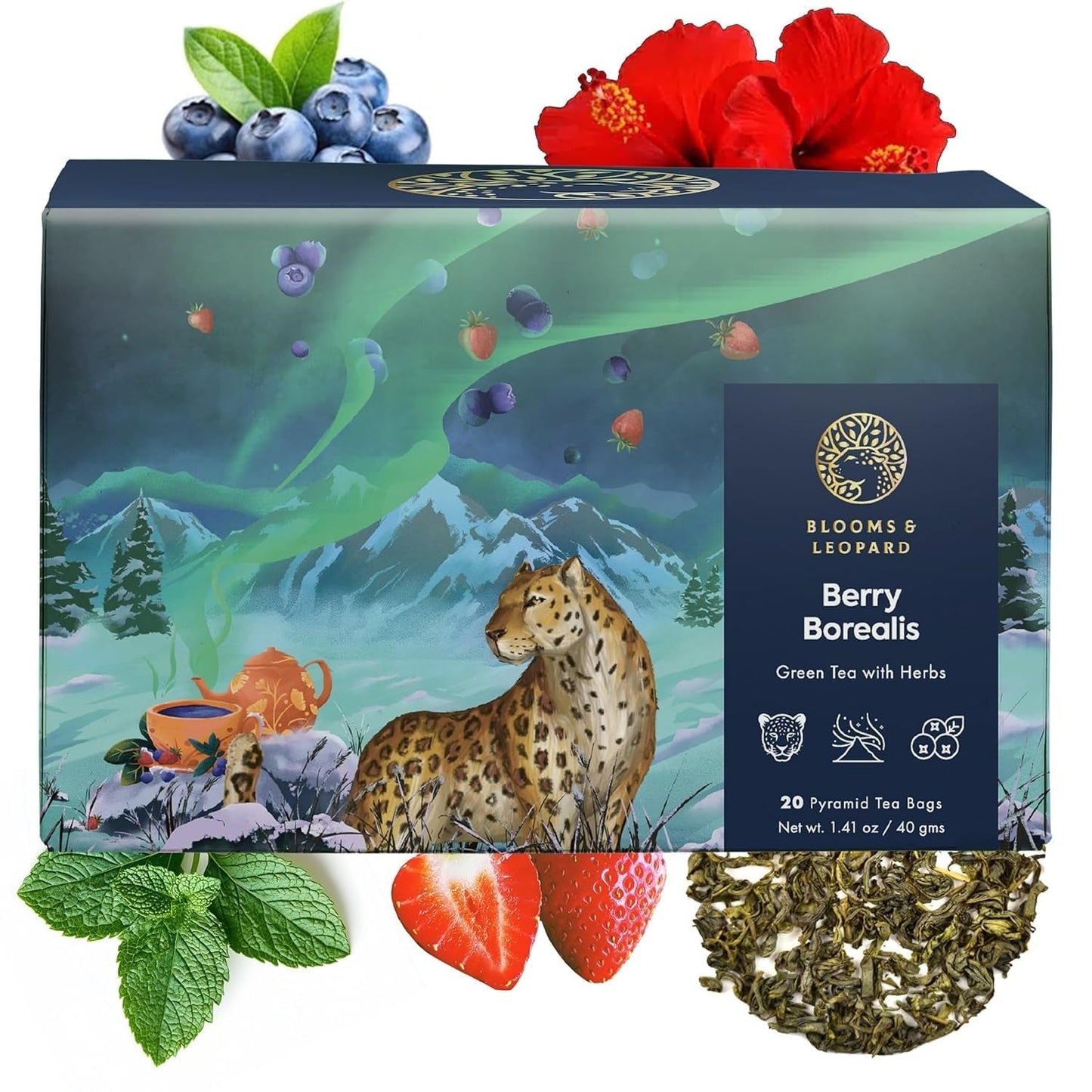 Blooms & Leopard Premium Groene Theezakjes - Berry Borealis Blend met Hibiscus, Bosbes, Aardbei en Groene Munt - 20 Pyramide Theezakjes voor Warme of Koude Thee