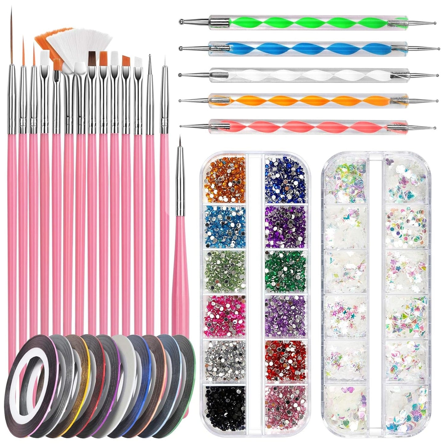 FANDAMEI Nail Art Brush Set, 15 Stücke Pinsel Für Gelnägel Nagel Pinsel, 5 Stücke Dotted Pen, 10 Rolle Streifenband Nägel, Strasssteine ​​​​Nägel, Ultra Dünn Nagel Pailetten voor Nagelkunst Maniküre Set