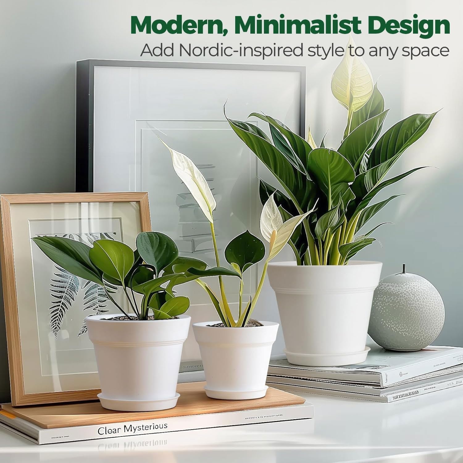 T4U 16 cm plastic bloempot met schotel, set van 6 plastic kruidenpotten met meerdere afvoergaten, ronde pot voor binnen en balkon vetplanten, cactussen, wit