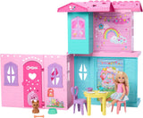 Barbie Chelsea poppenhuis met meer dan 15 accessoires, pop-uphuis kan worden uitgebreid tot meer dan 42 x 33 cm met 5 speelplekken en een glijbaan, met een kleine pop en een hond, JFW49