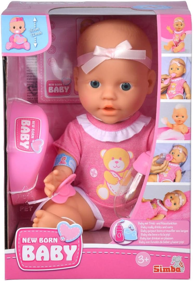 Simba 105030069 - pasgeboren pop, volledig vinyl drink- en drinkpop met geboorteakte en accessoires, 4 stuks, 30 cm, babypop, vanaf 3 jaar
