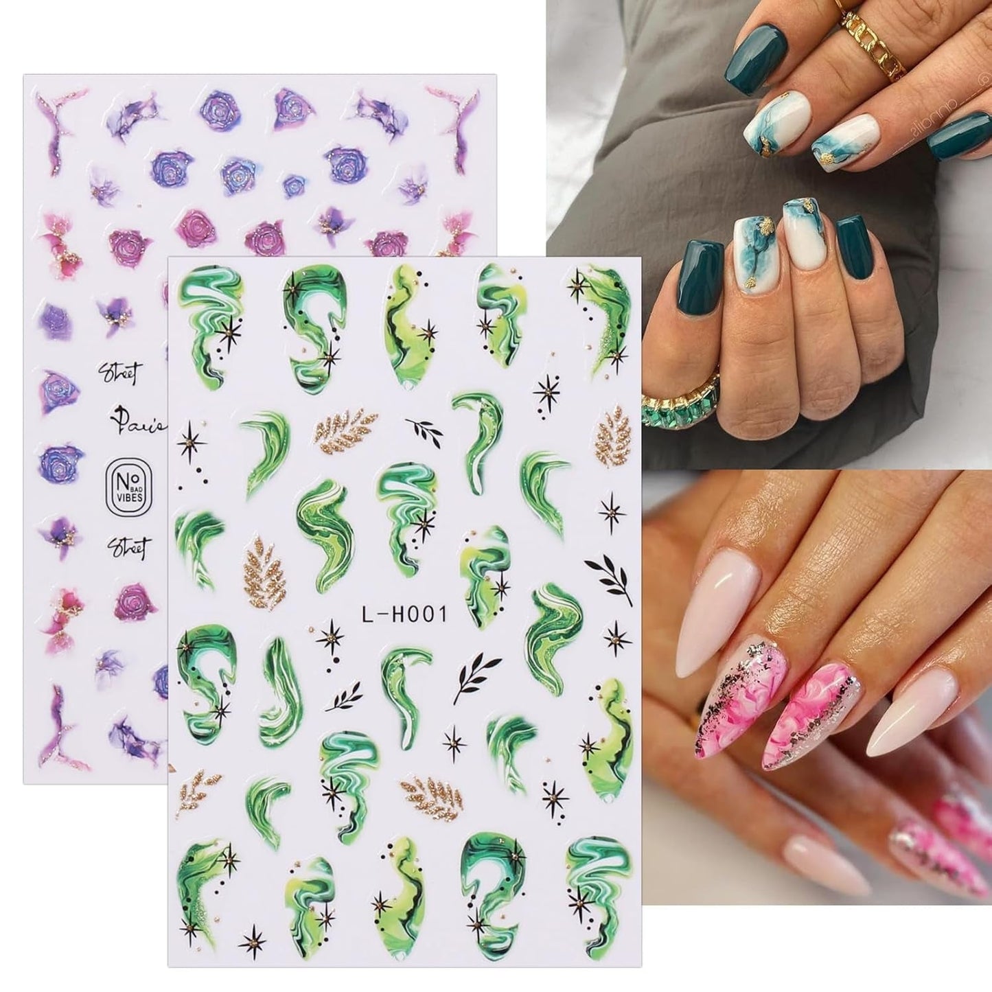 Jmeowio JMEOWIO Nagelsticker Marmor Französische Spitze 10 Blatt Nail Art Sticker Selbstklebend Nagelaufkleber Bunt Decoratie Nageldesign Zubehör