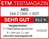 AEG Deli 5 espressomachine, 1,5 l, programmeerbare timer, warmhoudfunctie, veiligheidsstop, waterniveau-indicator, optimale dosering, antidruppelfunctie, RVS, CM5-1-6ST