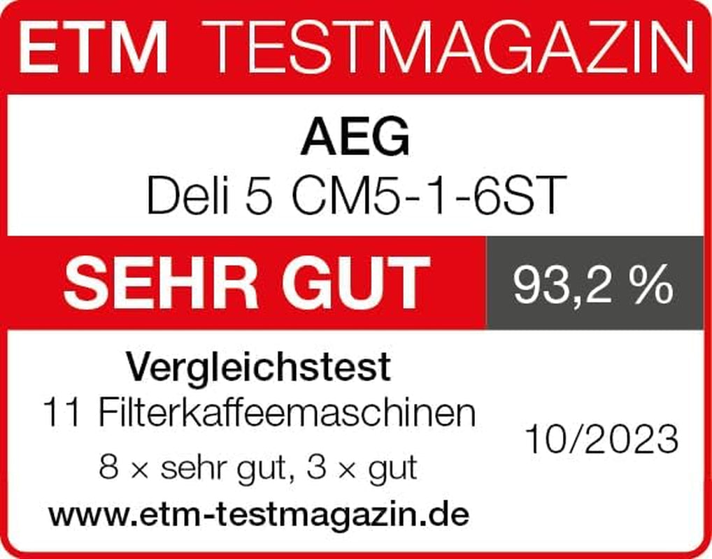 AEG Deli 5 espressomachine, 1,5 l, programmeerbare timer, warmhoudfunctie, veiligheidsstop, waterniveau-indicator, optimale dosering, antidruppelfunctie, RVS, CM5-1-6ST