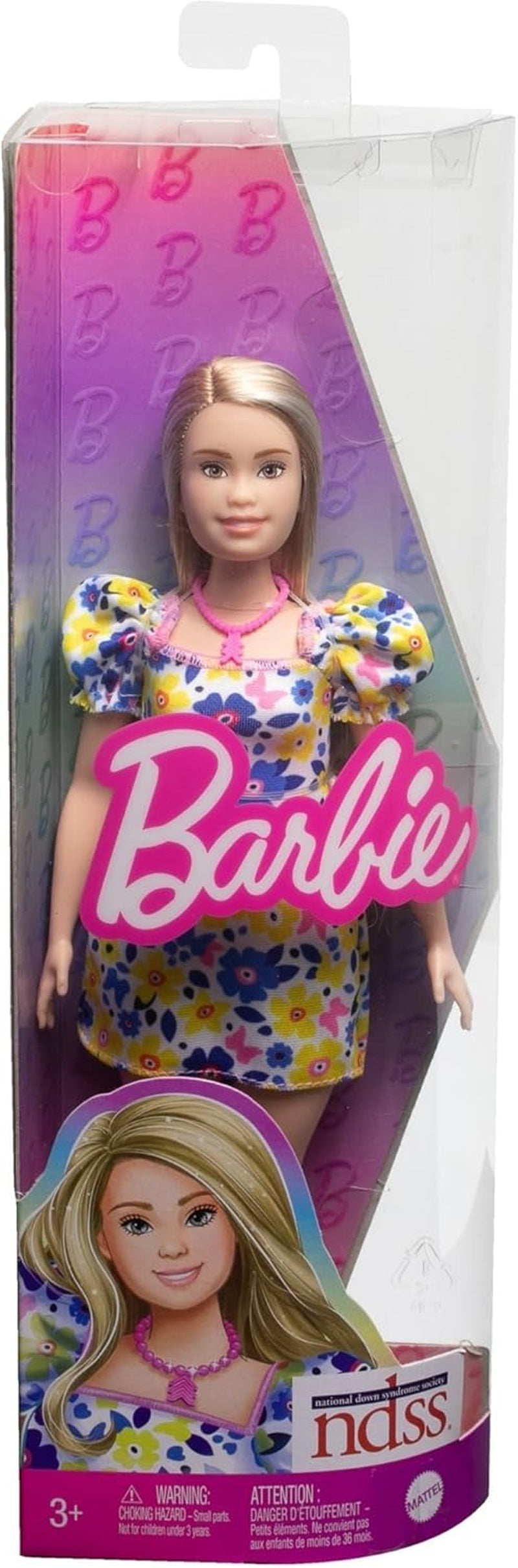 Barbie Fashionistas-pop, ontwikkeld in samenwerking met de National Down Syndrome Society, met blond haar en een moderne outfit in een gebloemde jurk en witte sneakers, voor kinderen vanaf 3 jaar, HJT05