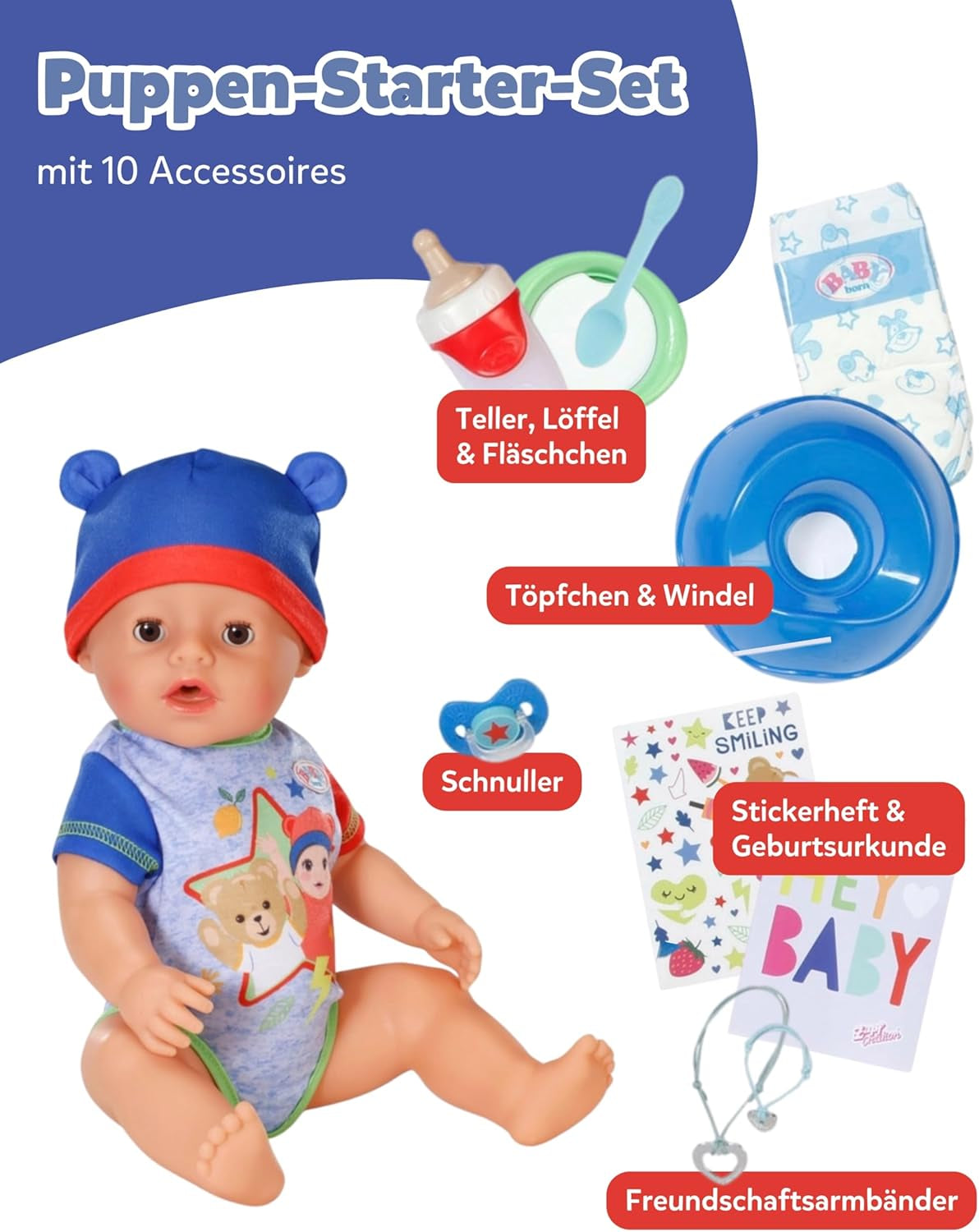 BABY Born Jonas - babypop 43 cm - 10 functies inclusief accessoires en matras - Werkt volledig zonder batterijen - Geschikt voor kinderen vanaf 3 jaar