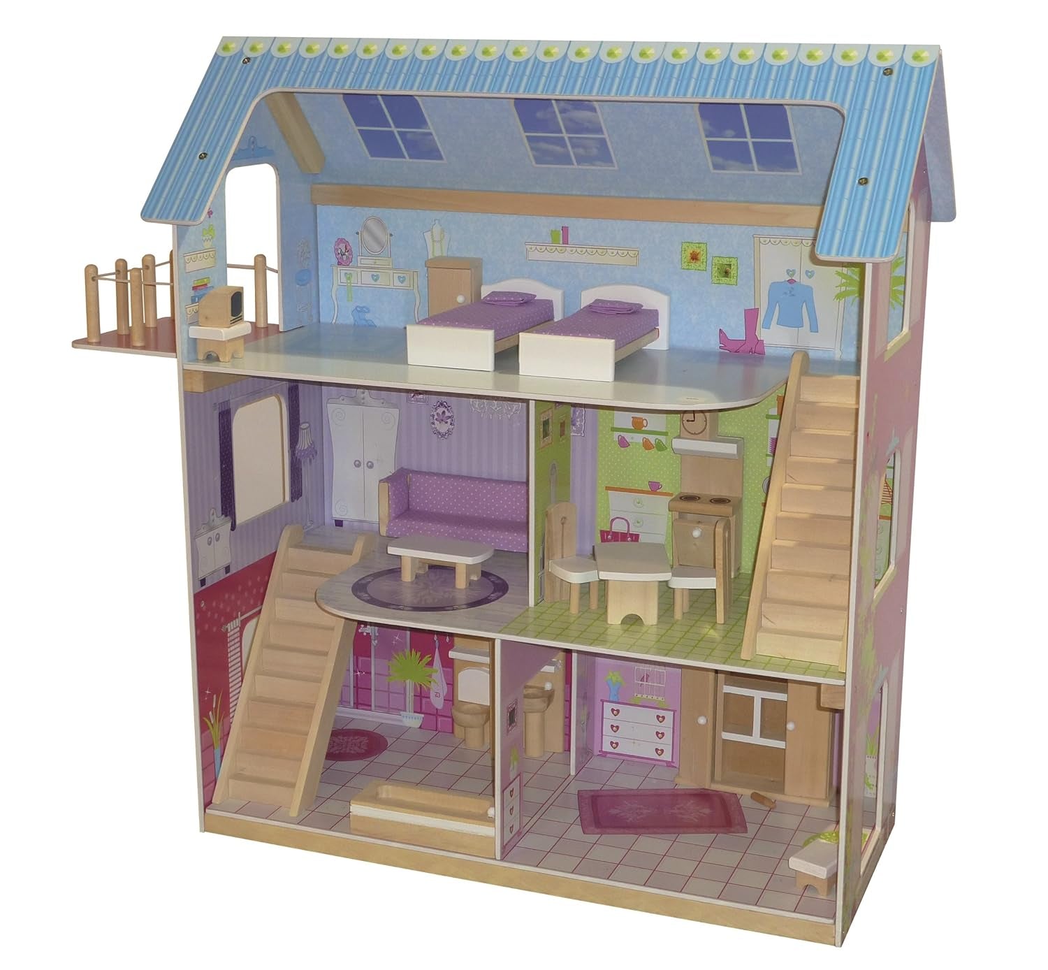 Roba Poppenhuis Poppenhuis met meubels en poppen Meisjesspeelgoed Poppenhuizen van natuurlijk hout Naty Shop Pastel
