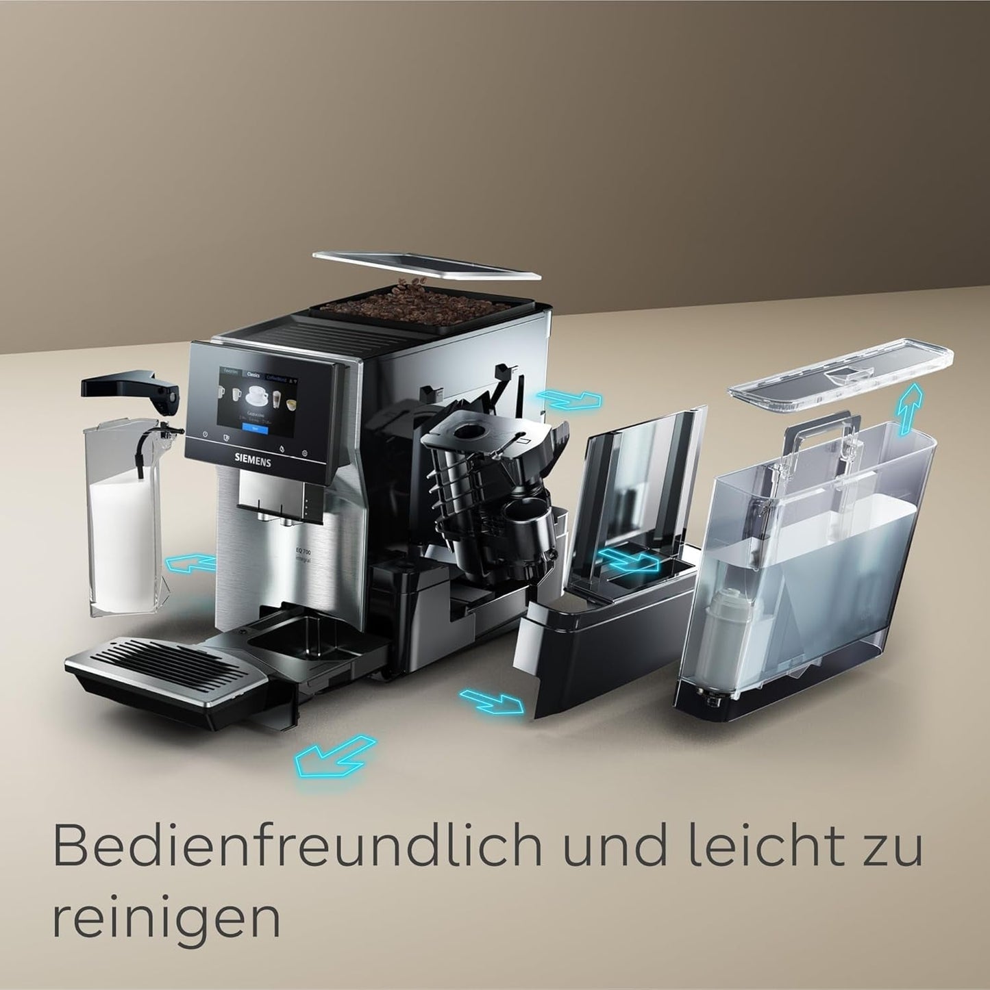 Siemens EQ700 volautomatische espressomachine, groot kleuren TFT scherm, 36 warme en koude dranken, cold brew, 2 kops functie, app bediening, automatisch reinigingssysteem, zwart RVS, TQ717D03