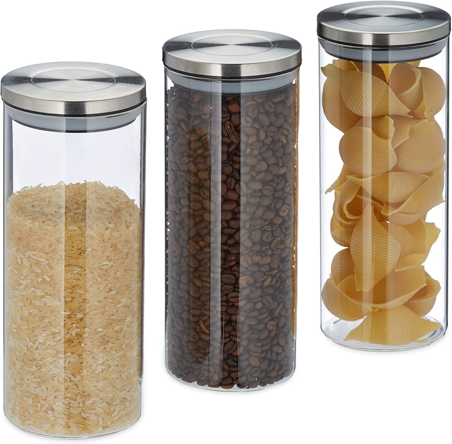 Relaxdays voorraadpot set van 3 gesloten roestvrijstalen deksel pasta muesli rijst 1,5 liter keukencontainer helder zilver 24 x 9,5 x 9,5 cm helder zilver voedselbewaardozen Naty Shop standaardtitel
