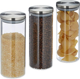 Relaxdays voorraadpot set van 3 gesloten roestvrijstalen deksel pasta muesli rijst 1,5 liter keukencontainer helder zilver 24 x 9,5 x 9,5 cm helder zilver voedselbewaardozen Naty Shop standaardtitel