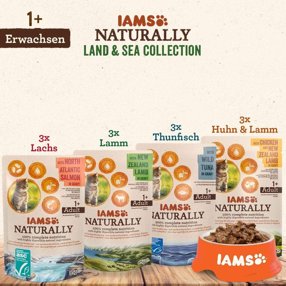 IAMS Natuurlijk nat kattenvoer in saus - Hoogwaardig vlees- en visnatvoer voor volwassen katten, Land & Sea Collection, 12 x 85 g