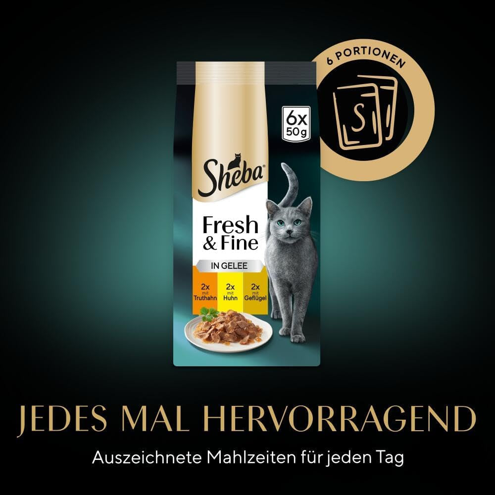 Sheba Portiezakjes Nat kattenvoer, vers en fijn kalkoen- en kipgelei multipack, 6x6x50g - Hoogwaardig kattenvoer met kalkoen en kipgelei