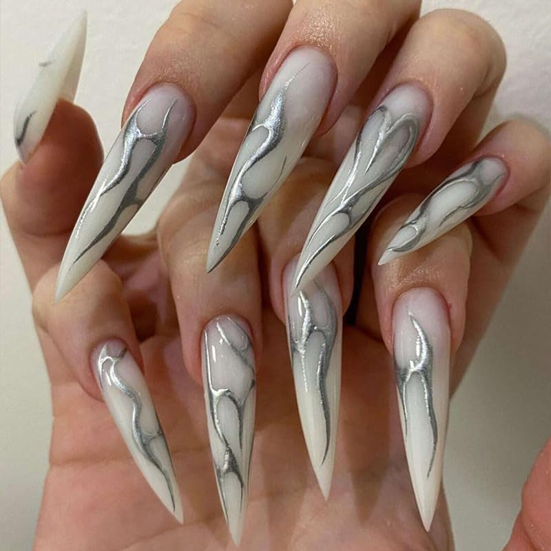 Mouyuglow Lange nagels Stiletto Melkwit Gradiënt Roze Glitter Cool Nepnagels met lijm Roze Ombre Glitter Kunstnagels