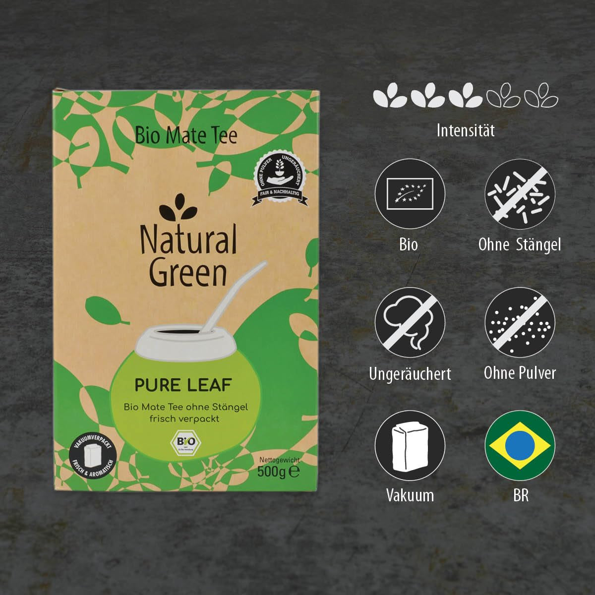 Delicatino - Natuurlijk groen PURE LEAF 500G, biologische yerba mate stengelloos, vers en rookloos, biologisch geteeld, vacuüm verpakt voor maximale versheid