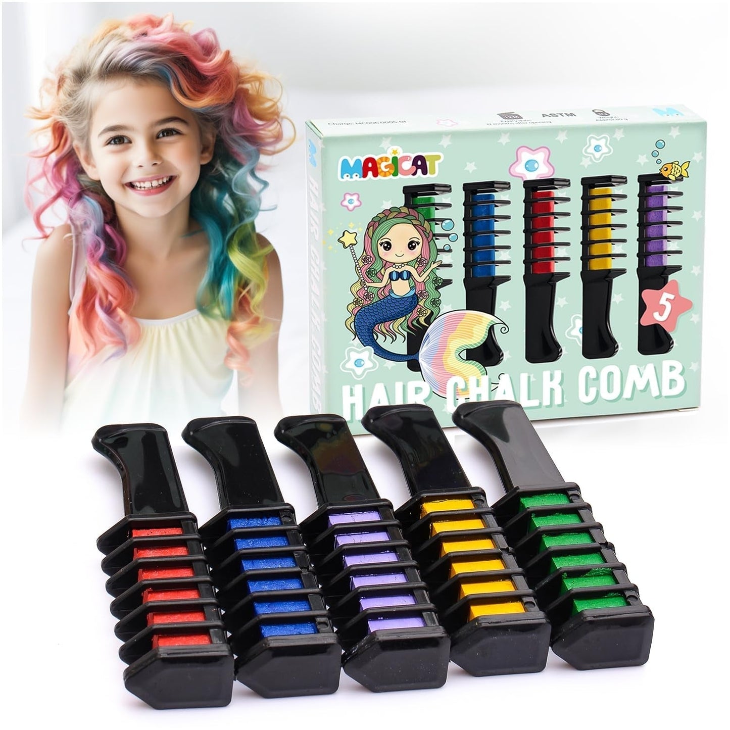 Magicat haarkrijt voor meisjes set I 10 wasbare kleuren en 5 haarelastiekjes I cadeau voor meisjes van 4 tot 10 jaar I creatief cadeau voor kinderverjaardagsfeestje 2025 I veilig en kleurrijk Naty Shop haarverf 80 G (1 verpakking)