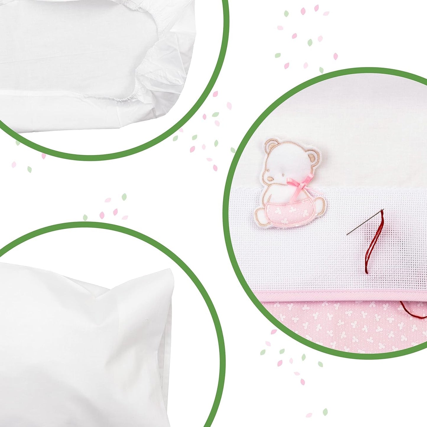 Wit en roze beddengoedset voor reiswieg, bestaande uit 1 hoeslaken, 1 bovenlaken met Aida-lint voor borduursel en 1 kussensloop, 100% katoen, Made in Italy Quilts en quilts Naty Shop